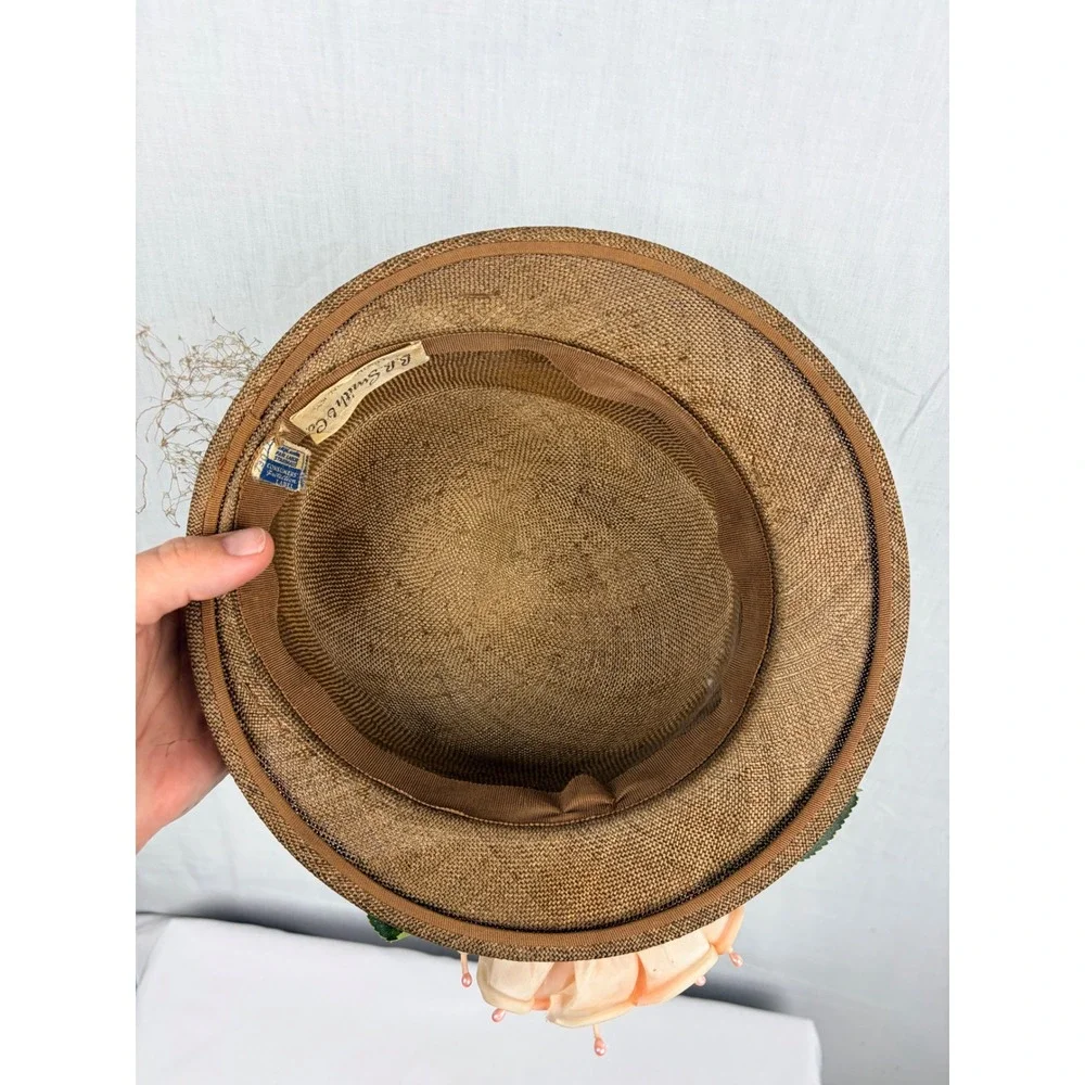 Vintage B.B. Smith & Co Bronze Woven Straw Boater Hat Floral Pearl Trim Kentucky